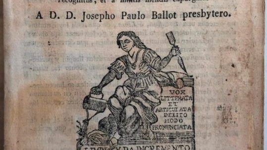 NEBRIJA, Elio Antonio de; BALLOT, José Pablo - De institutione Grammaticae. Liber primus. Multo quàm antehac auctior et locupletior, cum notis ac castellana vocum difficiliorum interpretatione, ac denuo recognitus, et á multis mendis expurgatus